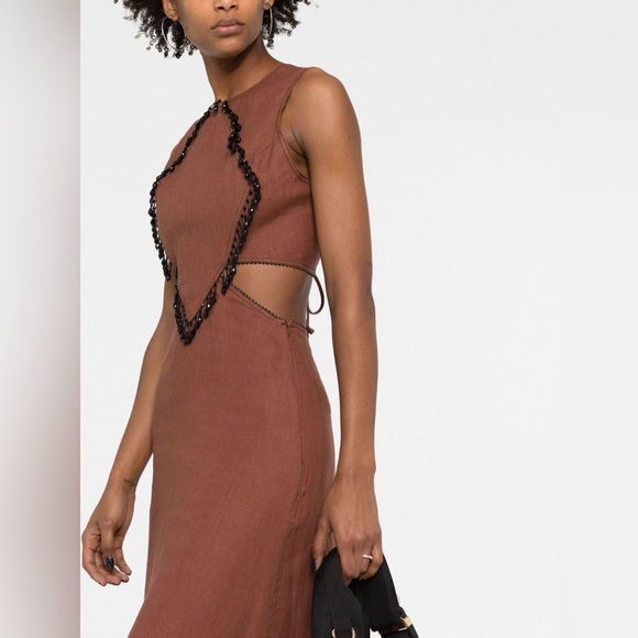 Ganni Hemp Maxi Dress with Beaded Trim Rootbeer Brown - Picture 4 of 16